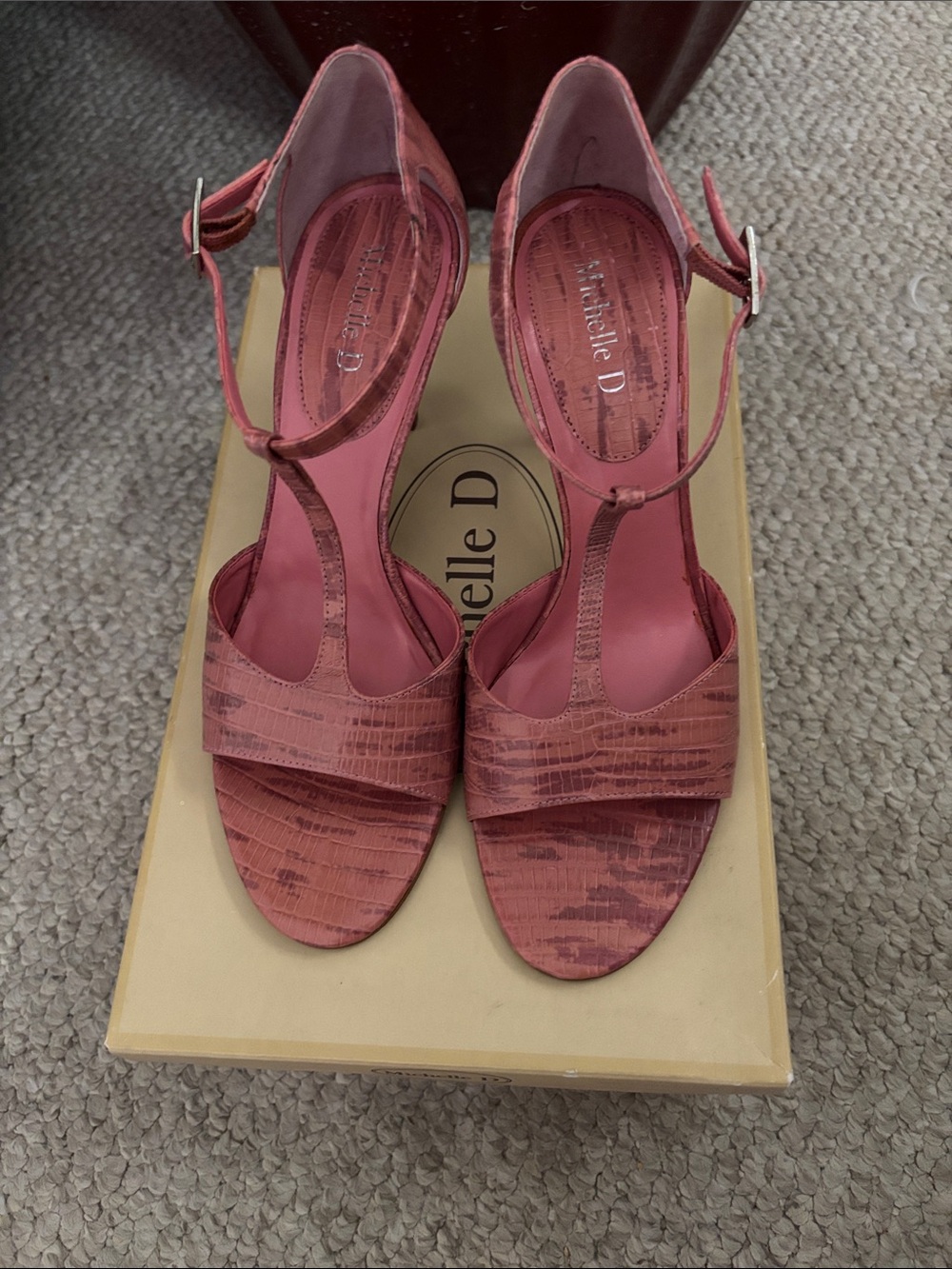 Michelle D Rose-Pink T-Strap Textured Leather Heels